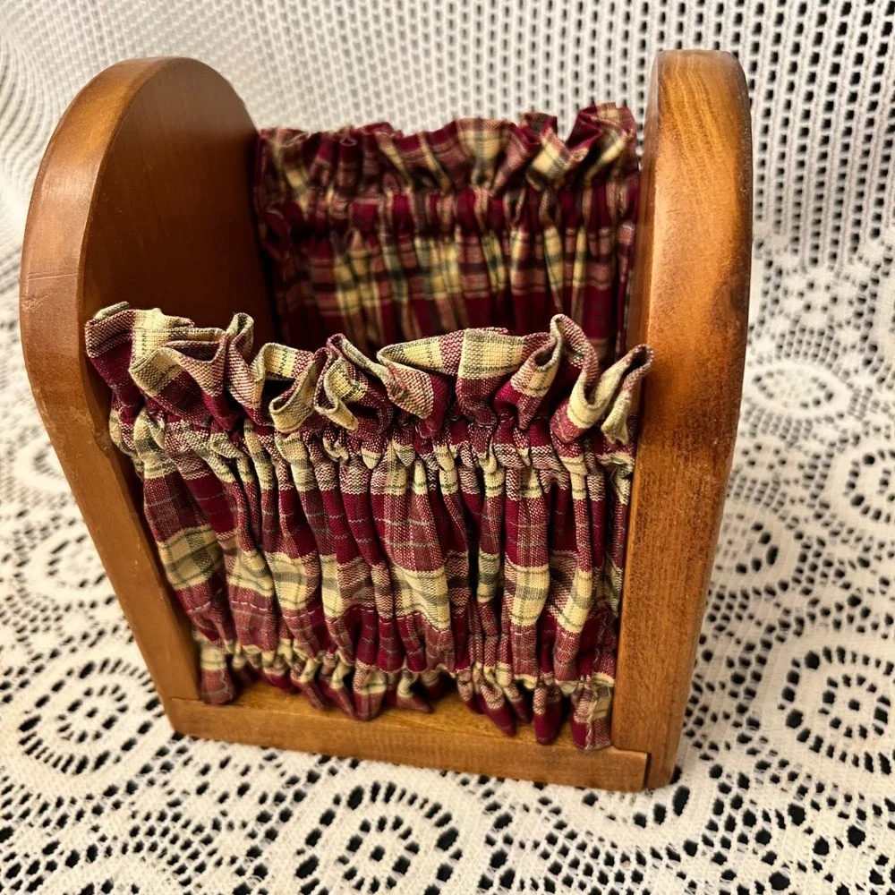 Vintage Handmade Wooden Plant Napkin TP Holder | Plaid Fabric | Cottage
